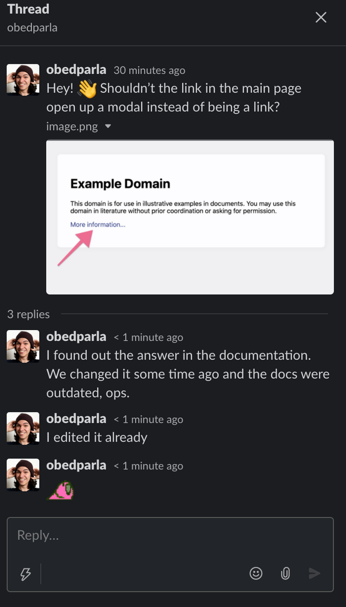 A Slack conversation happening in a thread to highlight its usefulness