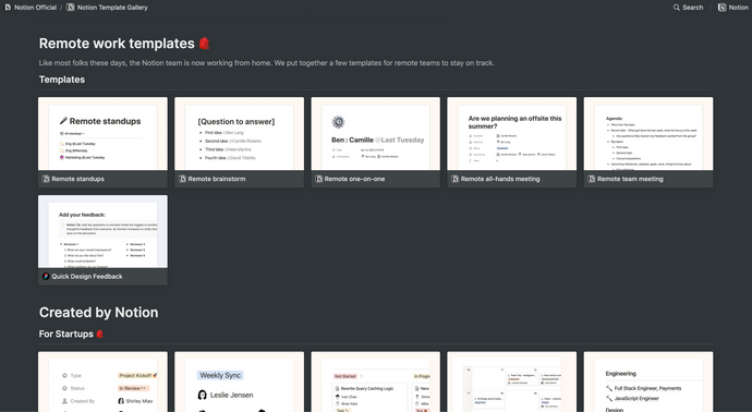 Notion Remote Work Templates gallery screenshot showing their templates