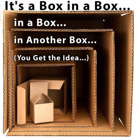 One big box with many smaller boxes inside and text saying "it's a box in another box"
